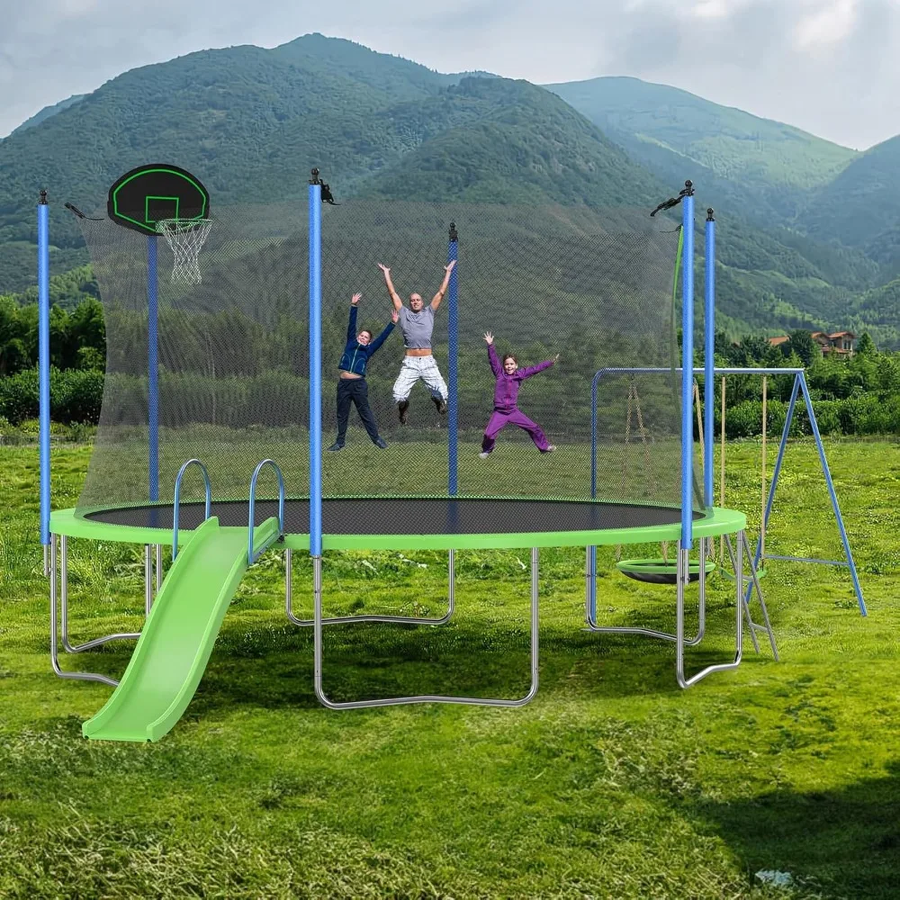 Kids Outdoor Swing Set With Slide - Zestaw trampoliny 12-14 stóp z zjeżdżalnią,