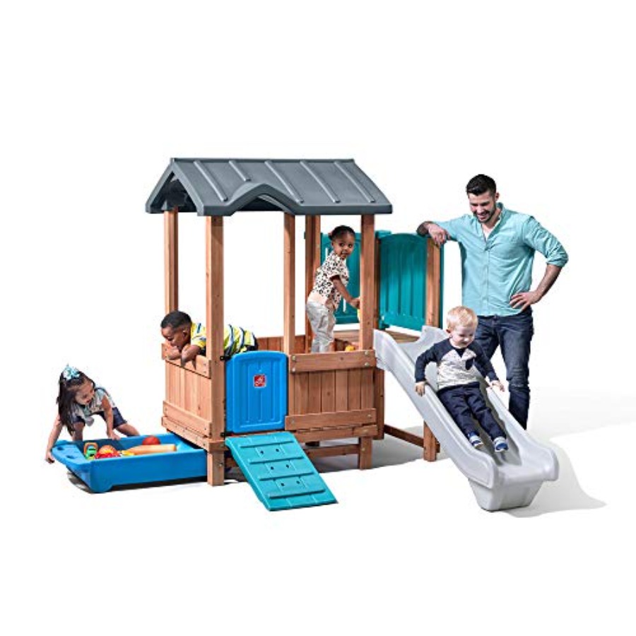 Kids Outdoor Swing Set - Drewniany domek do zabawy i zjeżdżalnia,